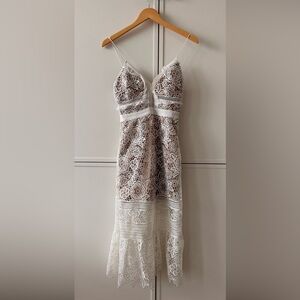 Self-Portrait White Crochet Lace Midi Dress with Nude Underlay